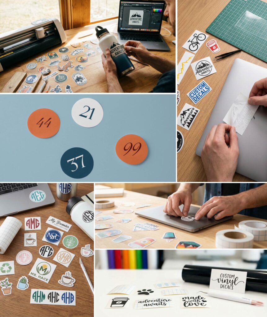 High-quality small custom vinyl decals on a table with application tools, printed by BannerFreaks for Chicago businesses.