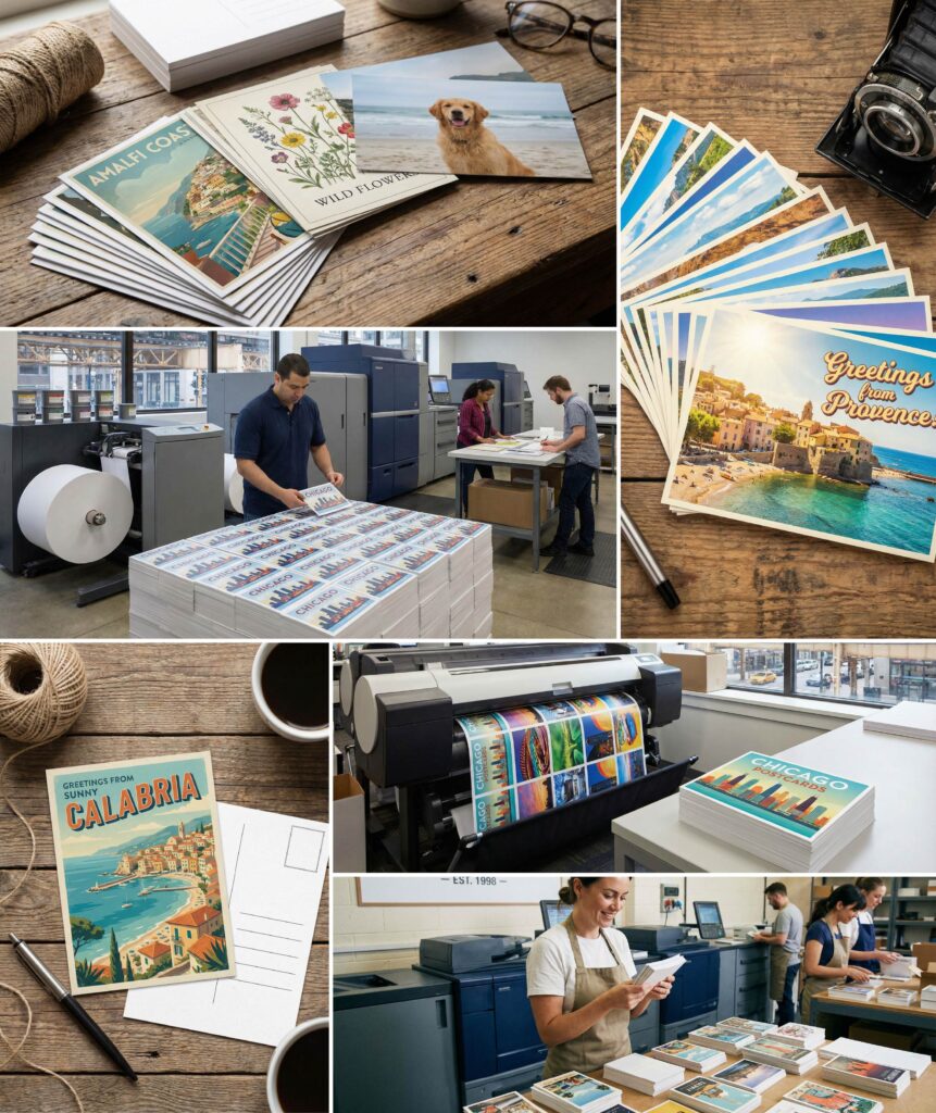 Collage of custom-designed and printed postcards for Chicago marketing and events.