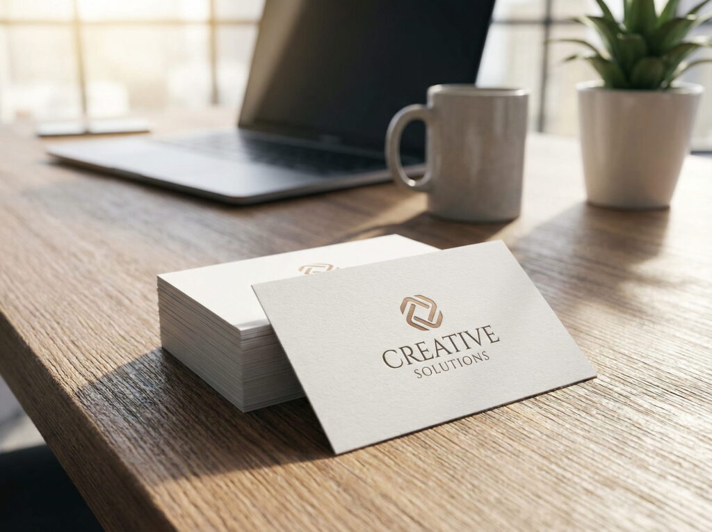 Corporate table setting featuring a laptop, tea, and high-quality printed business cards in a professional office.