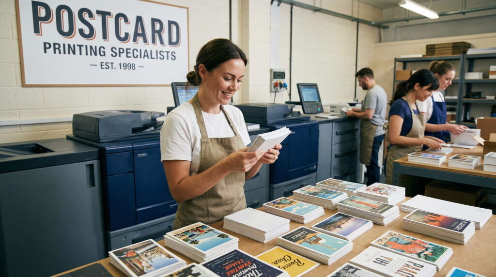 BannerFreaks printing specialists inspecting high-quality printed postcards for accuracy.
