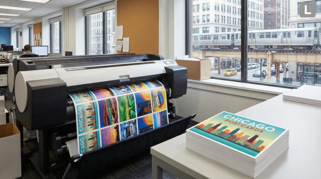 Close-up of the postcard design and printing process, highlighting precision quality control.