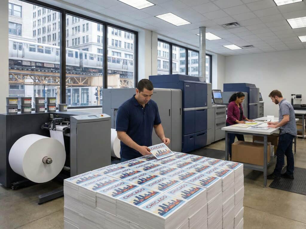 Close-up of the postcard design and printing process, highlighting precision quality control.