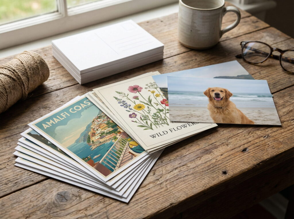 High-quality printed postcards displayed on a home table setting.